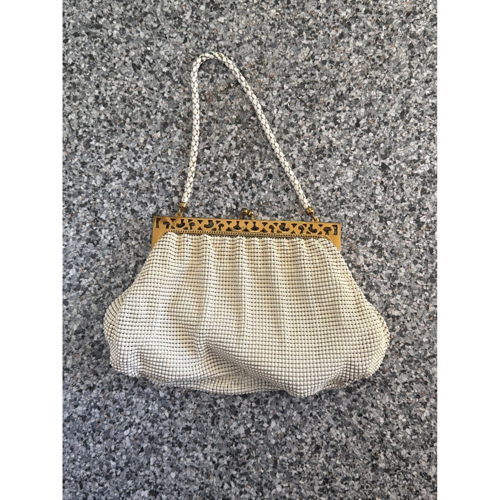 Vintage Whiting & Davis White Mesh Handbag Gold Filigree Frame 2982 USA Made